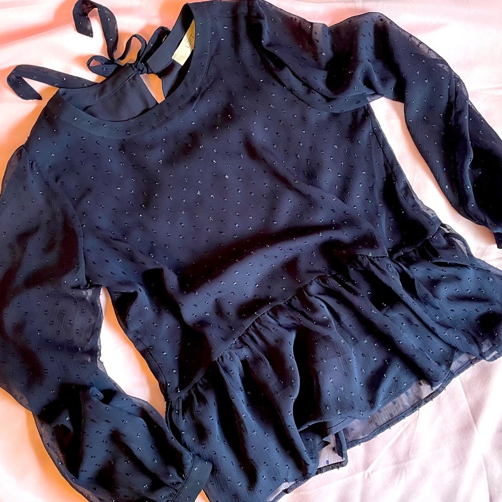 LOFT Navy Swiss Dot Shimmer Peplum Blouse with Tie